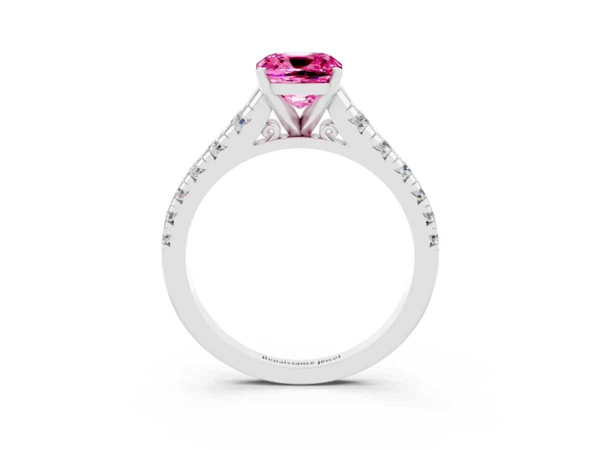 Cushion Cut Pink Sapphire Cathedral Solitaire Ring with Round Pavé Band Platinum