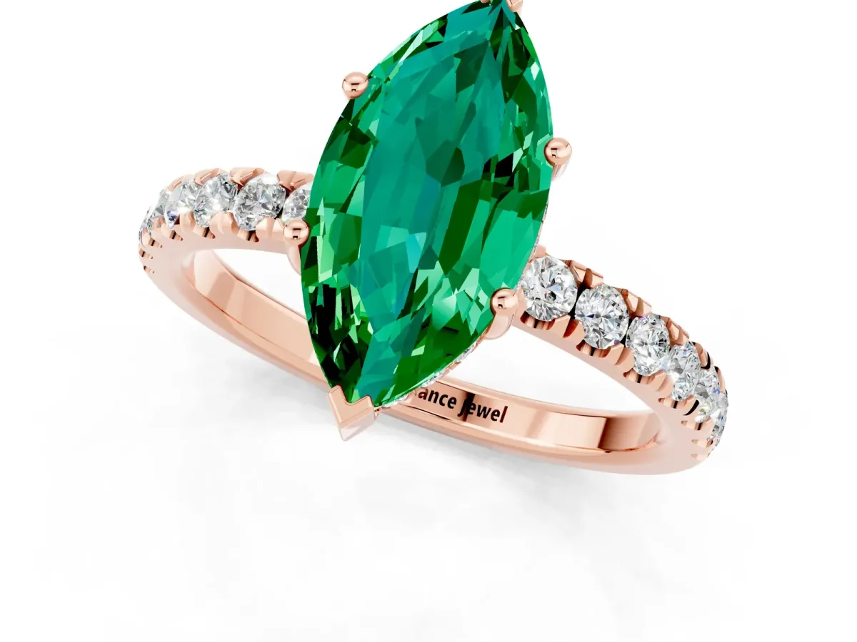 Marquise Cut Emerald Pave Band Solitaire Ring with Round and Prong Setting Rose gold