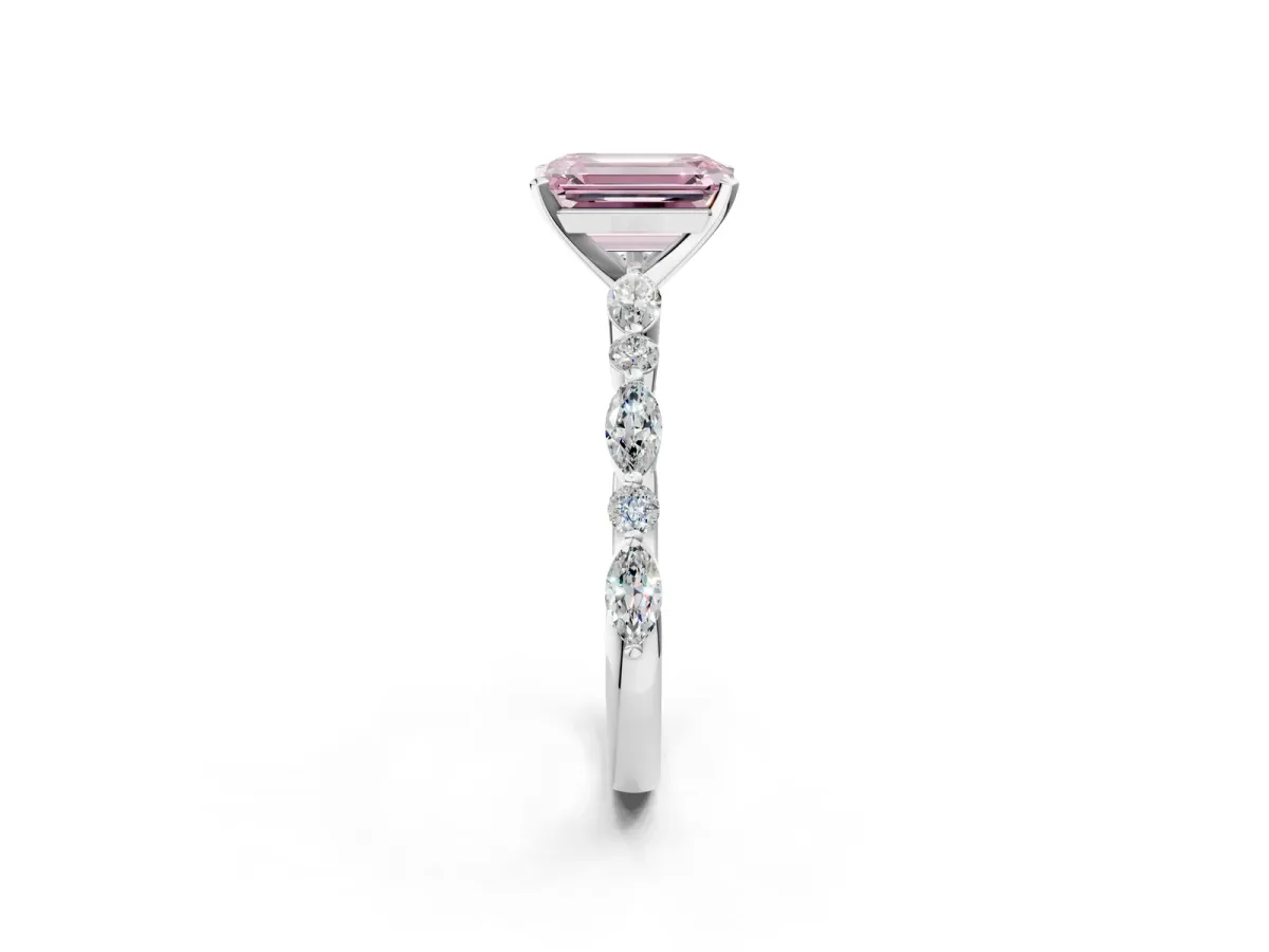 Fancy Pink Emerald Cut Diamond Ring with Marquise and Round Side Stones and Four-Prong Setting White gold
