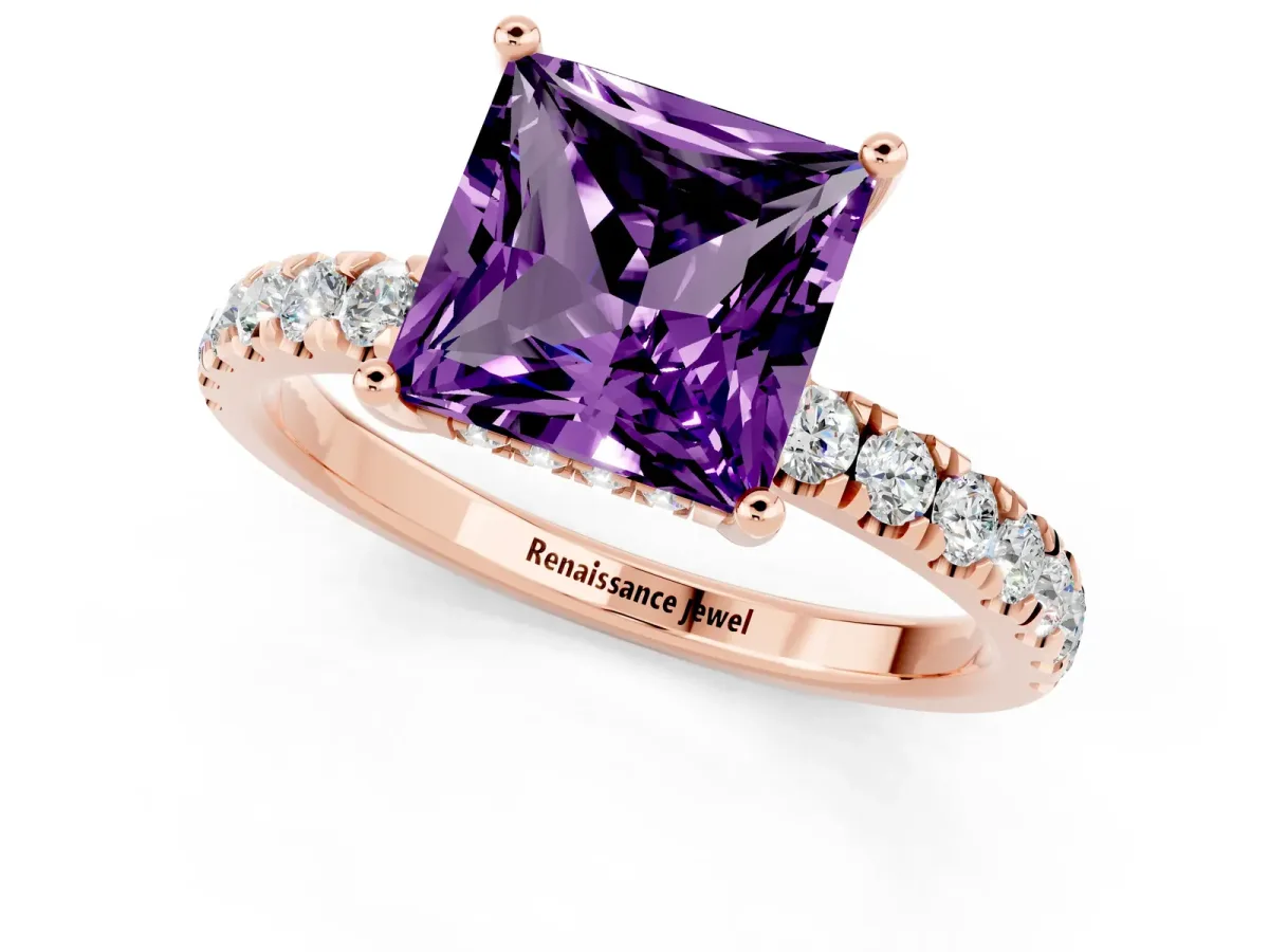 Princess Cut Amethyst Pave Band Solitaire Ring with Round and Prong Setting Rose gold