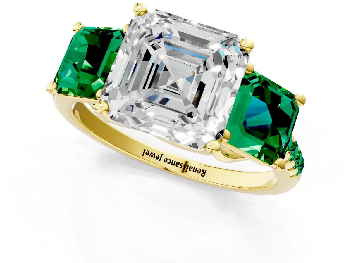Three-Stone Asscher Cut Diamond Ring with Round Emerald Pavé Band and Prong Setting Yellow gold