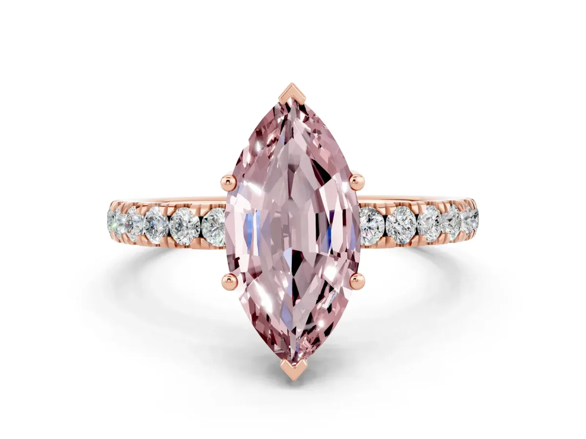 Marquise Cut Morganite Pave Band Solitaire Ring with Round and Prong Setting Rose gold
