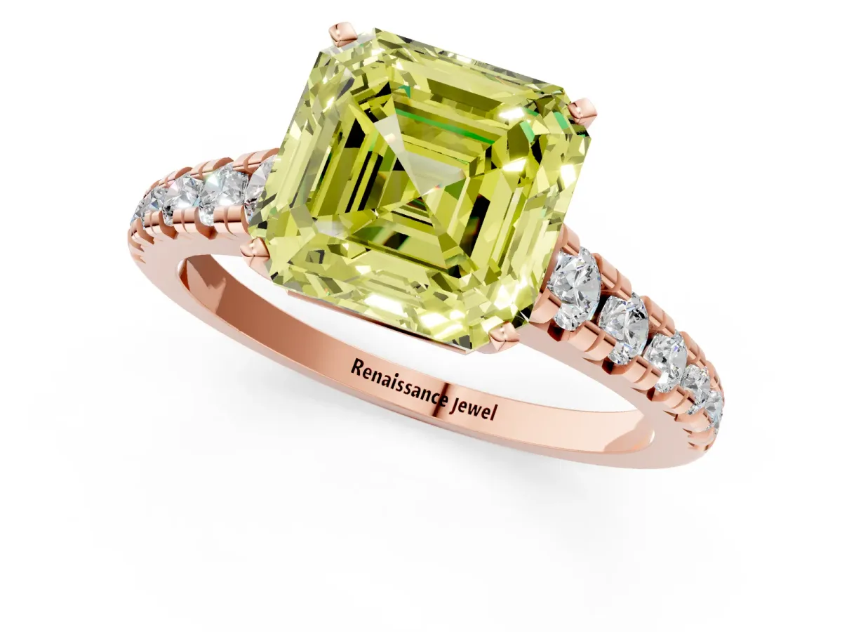 Fancy Yellow Asscher Cut Diamond Cathedral Solitaire Ring with Round Pavé Band Rose gold