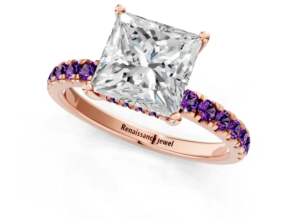 Princess Cut Diamond Pave Band Solitaire Ring with Round Amethyst and Prong Setting Rose gold