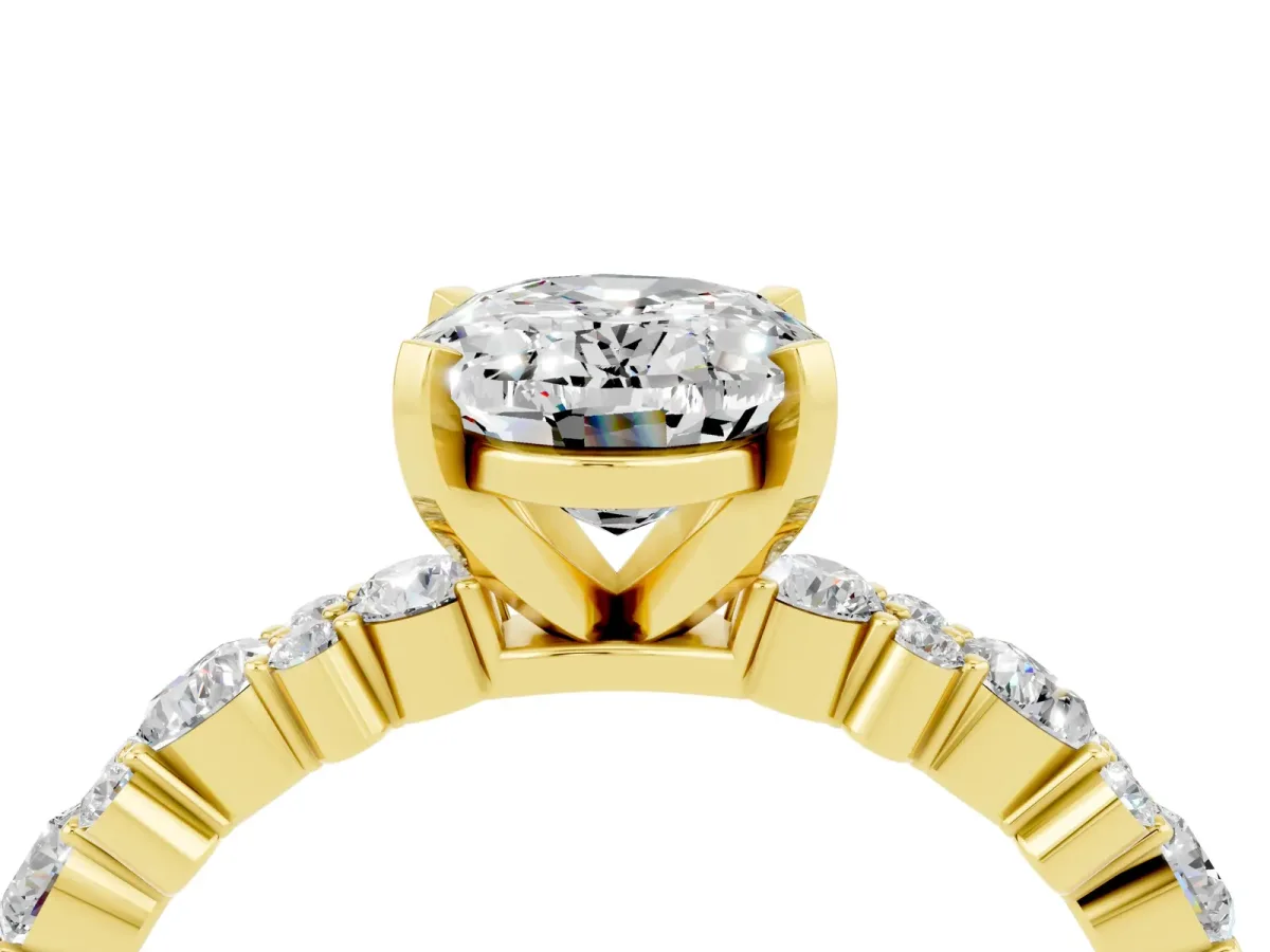 Oval Cut Moissanite Side Stone Solitaire Ring with Round and Four-Prong Setting Yellow gold