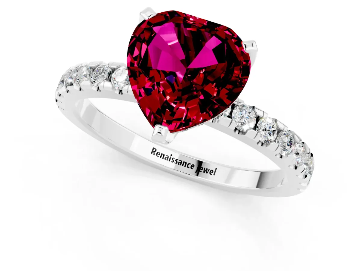 Heart Cut Garnet Solitaire Ring with Round Pavé Band and Four-Prong Setting Platinum
