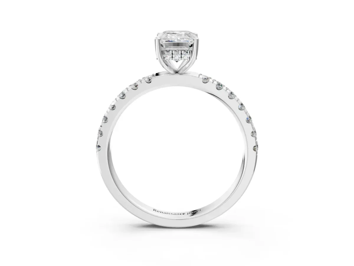 Emerald Cut Diamond Pave Band Solitaire Ring with Round and Prong Setting Platinum