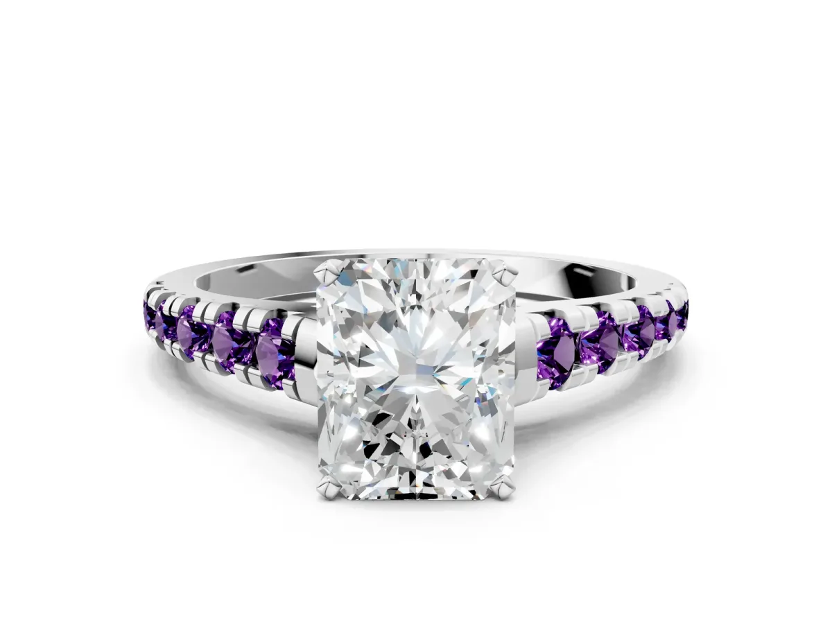 Radiant Cut Diamond Cathedral Solitaire Ring with Round Amethyst Pavé Band White gold