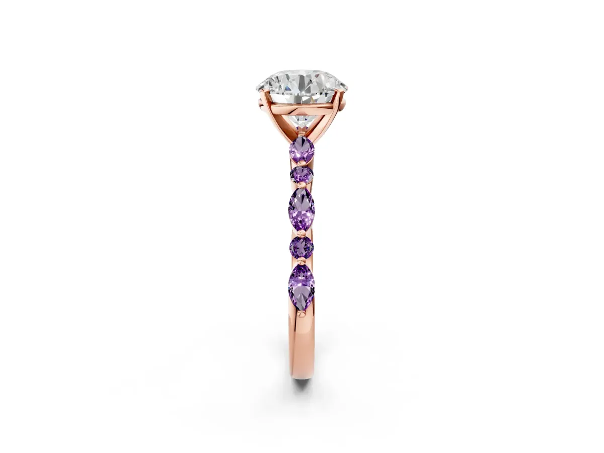 Round Cut Diamond Ring with Marquise and Round Amethyst Side Stones and Four-Prong Setting Rose gold