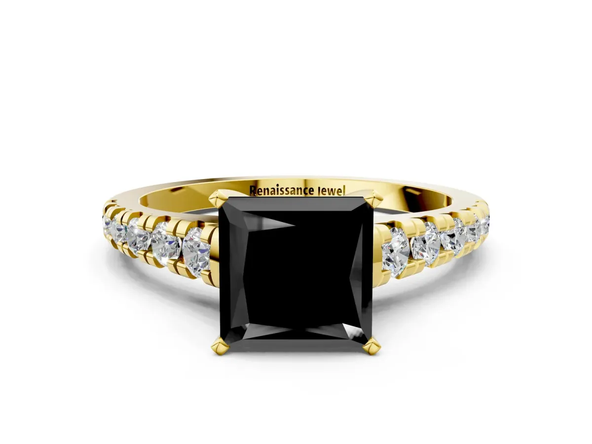 Fancy Black Princess Cut Diamond Cathedral Solitaire Ring with Round Pavé Band Yellow gold