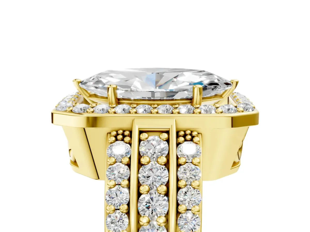 Marquise Cut Halo Diamond Ring with Round Moissanite Split Shank and Prong Setting Yellow gold