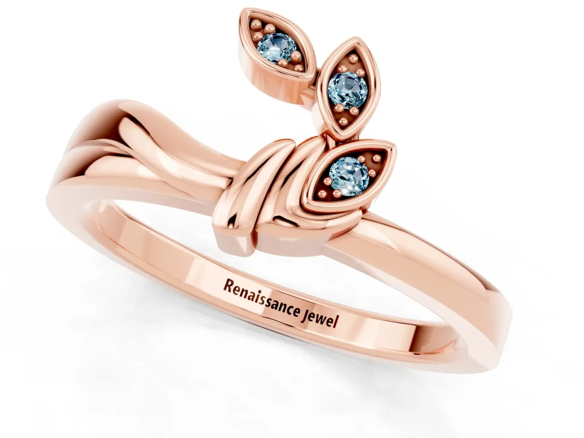 Three-Stone Round Aquamarine Leaf Bypass Ring with Bezel Setting Rose gold