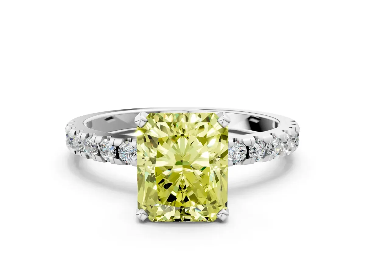 Fancy Yellow Radiant Cut Diamond Solitaire Ring with Round Pavé Band and Four-Prong Setting Silver
