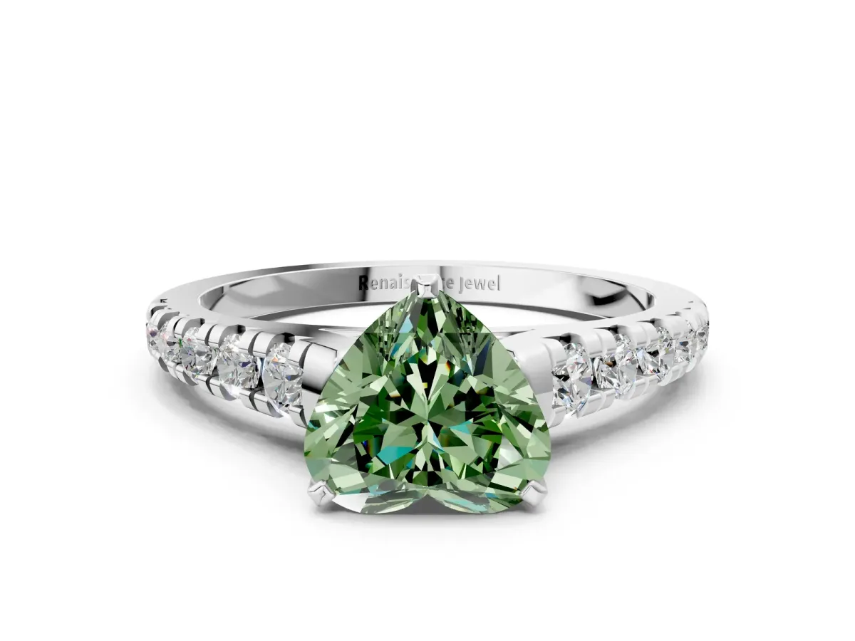 Fancy Green Heart Cut Diamond Cathedral Solitaire Ring with Round Pavé Band Silver