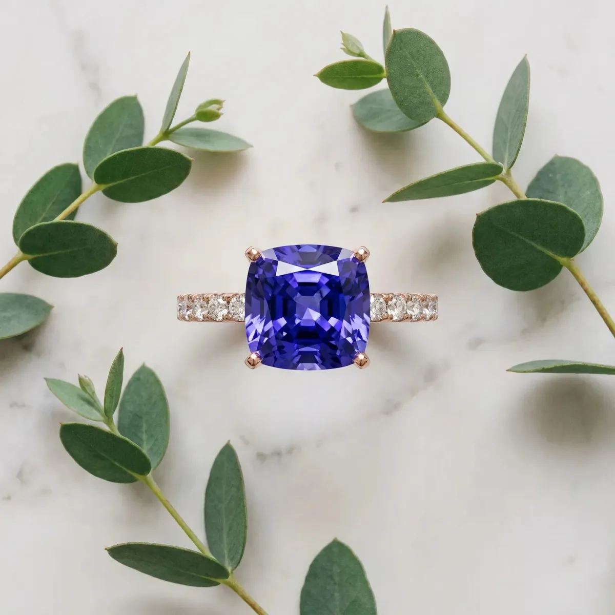 Cushion Cut Tanzanite Solitaire Ring with Round Pavé Band and Four-Prong Setting Rose gold
