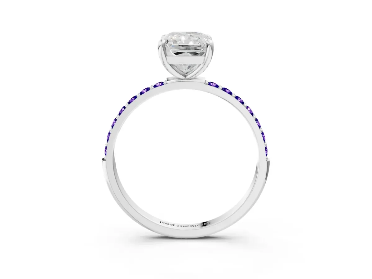 Radiant Cut Diamond Solitaire Ring with Round Tanzanite Pavé Band and Prong Setting Silver