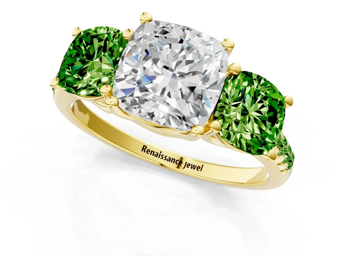 Three-Stone Cushion Cut Diamond Ring with Round Peridot Pavé Band and Prong Setting Yellow gold
