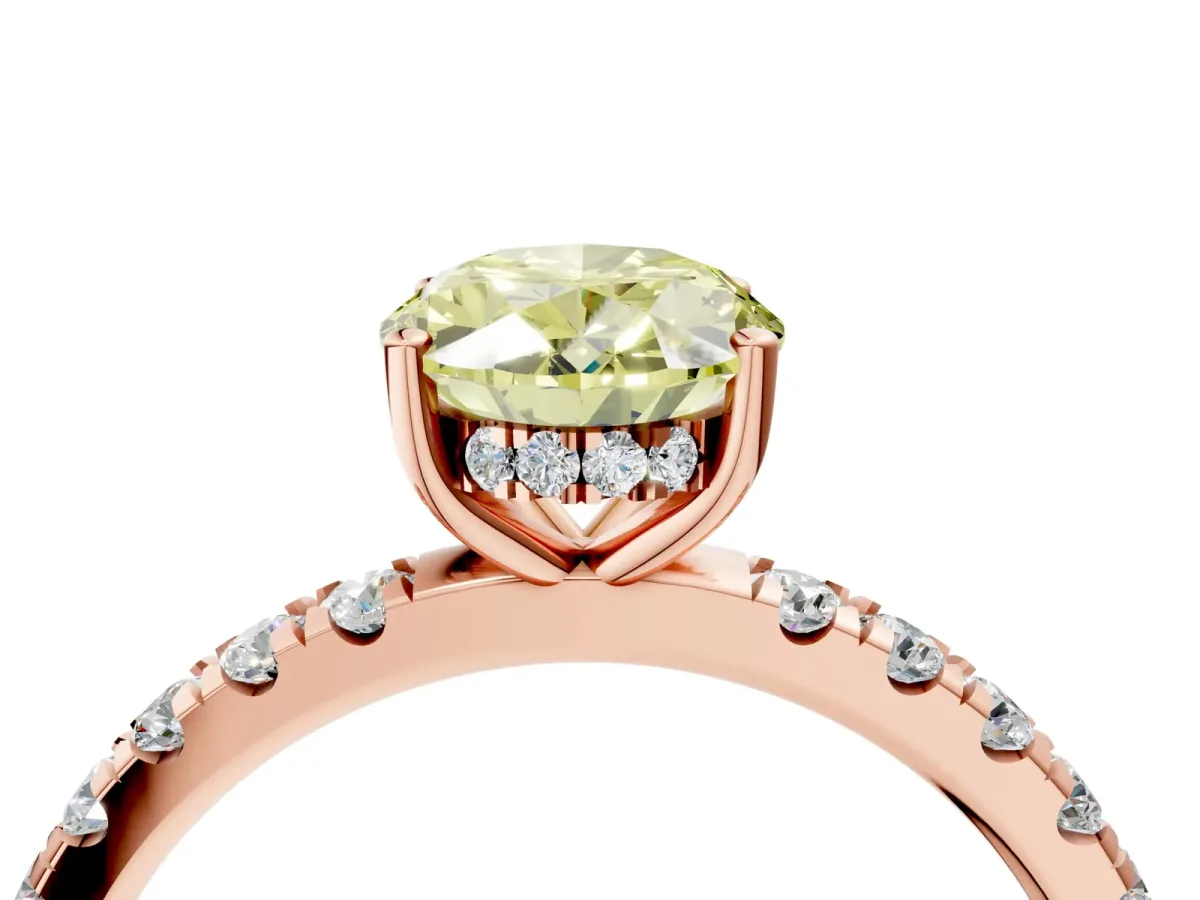 Fancy Yellow Oval Cut Diamond Pave Band Solitaire Ring with Round and Prong Setting Rose gold