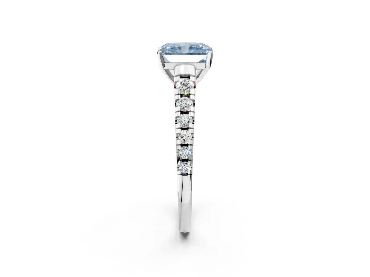 Fancy Blue Radiant Cut Diamond Cathedral Solitaire Ring with Round Pavé Band Silver