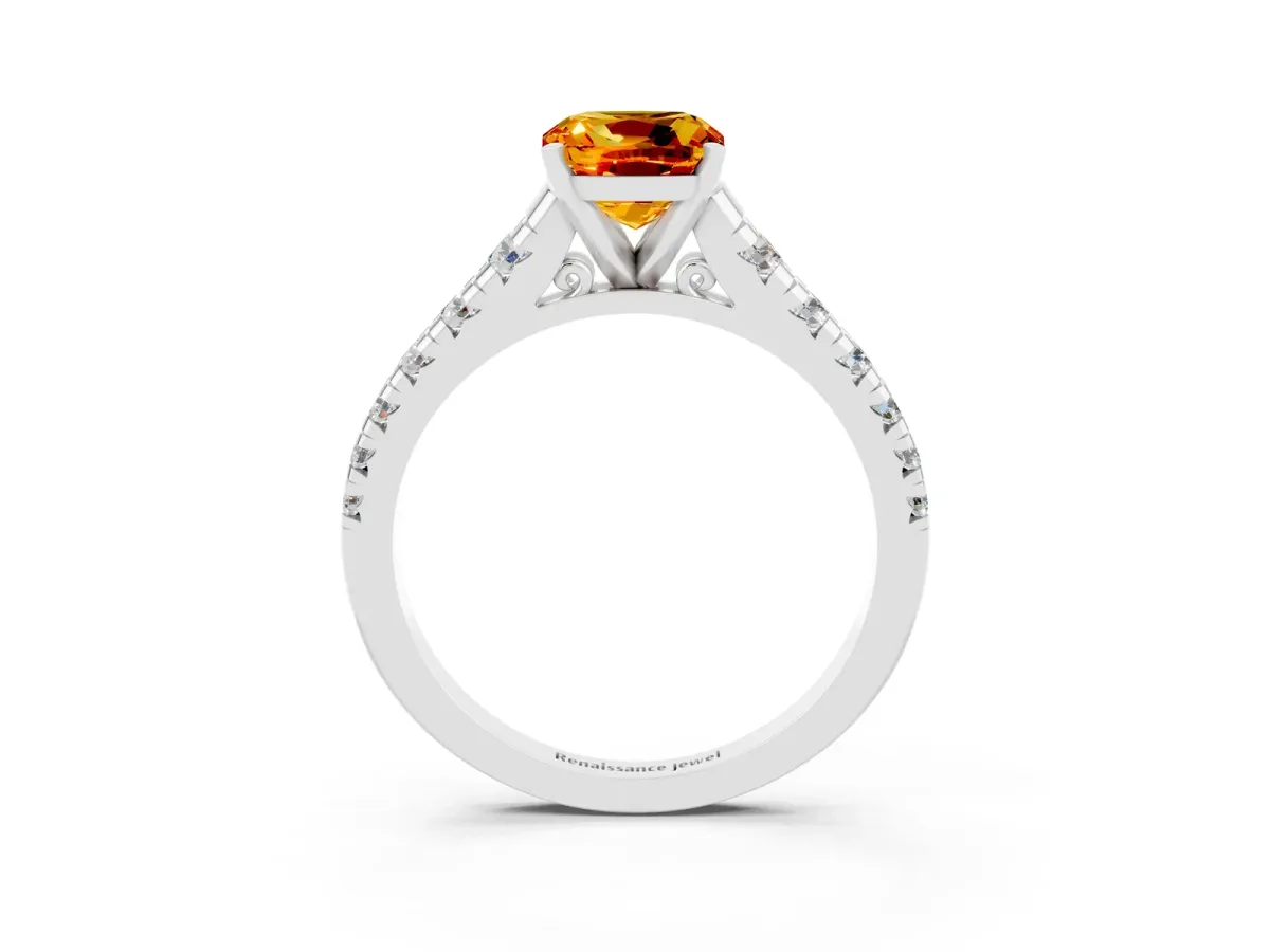 Cushion Cut Citrine Cathedral Solitaire Ring with Round Pavé Band Platinum