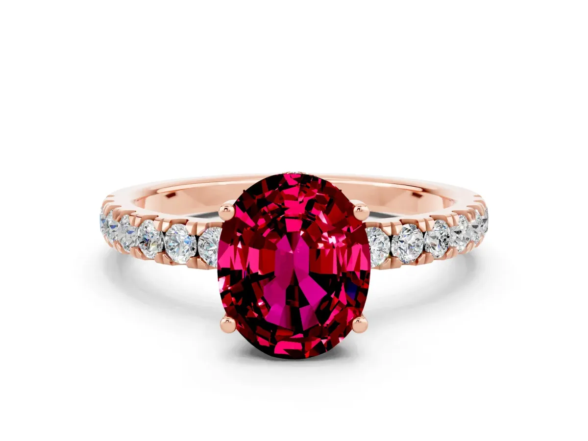Oval Cut Garnet Pave Band Solitaire Ring with Round and Prong Setting Rose gold