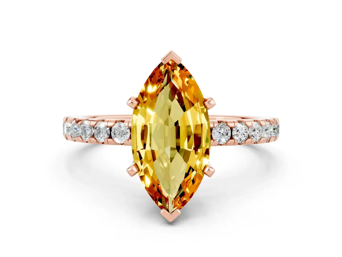 Marquise Cut Citrine Solitaire Ring with Round Pavé Band and Four-Prong Setting Rose gold