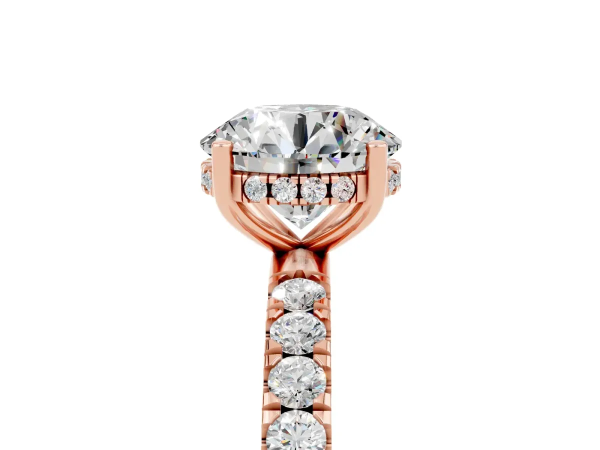 Round Cut Moissanite Pave Band Solitaire Ring with Round and Prong Setting Rose gold