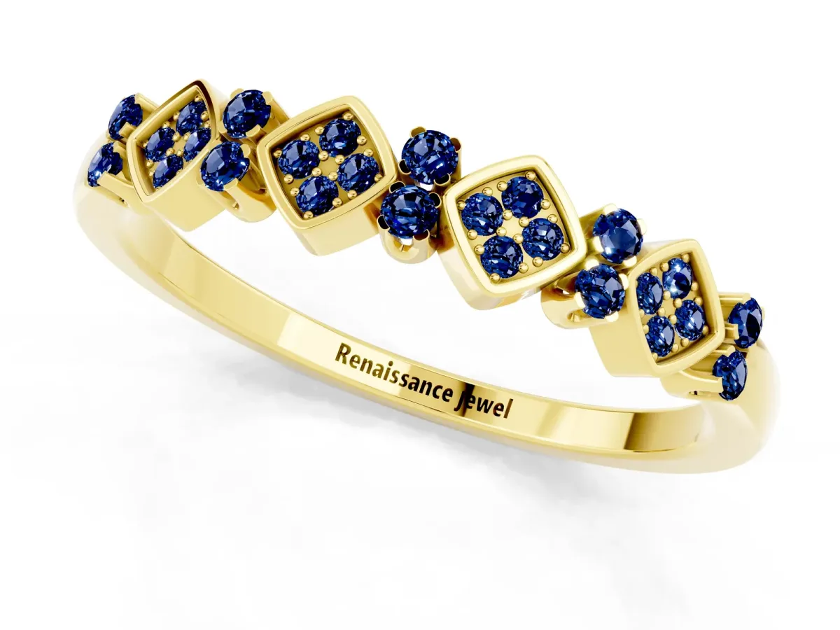 Pavé Cushion Blue Sapphire Cluster Eternity Band with Prong Setting Yellow gold