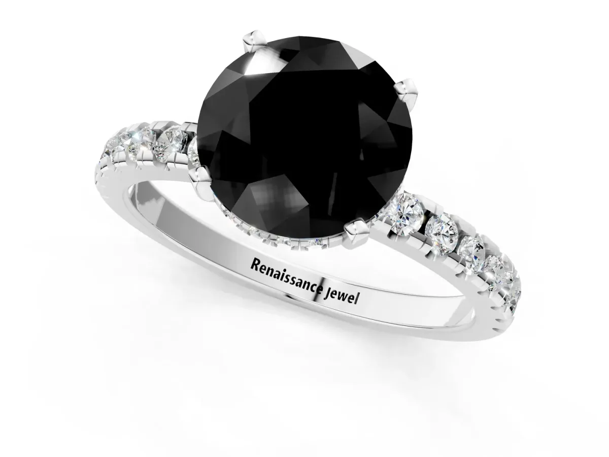 Fancy Black Round Cut Diamond Solitaire Ring with Round Pavé Band and Four-Prong Setting White gold