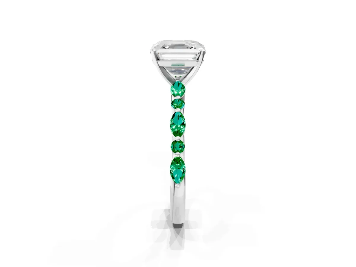 Asscher Cut Diamond Ring with Marquise and Round Emerald Side Stones and Four-Prong Setting Silver