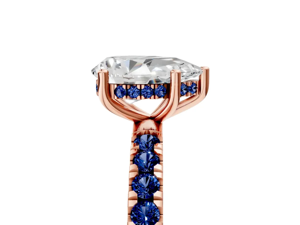 Pear Cut Diamond Pave Band Solitaire Ring with Round Blue Sapphire and Prong Setting Rose gold