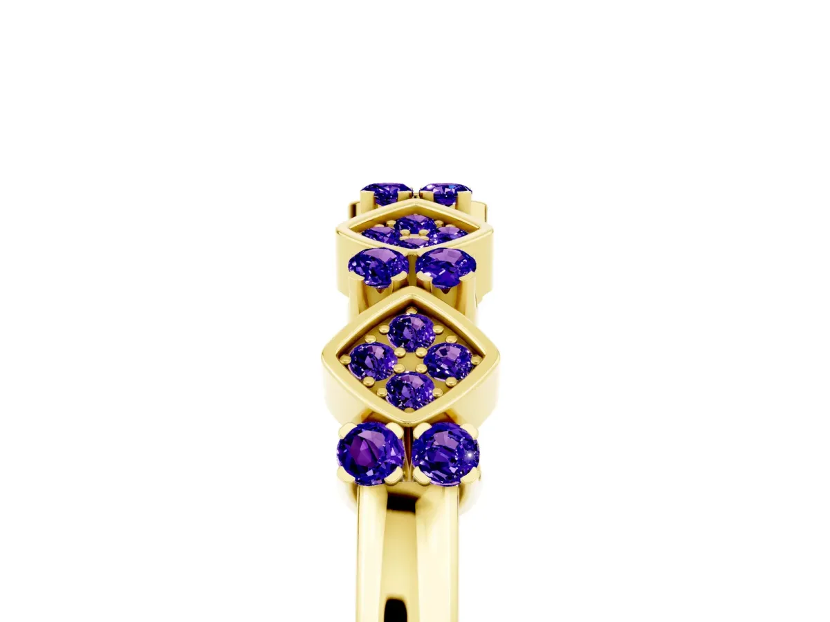 Pavé Cushion Tanzanite Cluster Eternity Band with Prong Setting Yellow gold