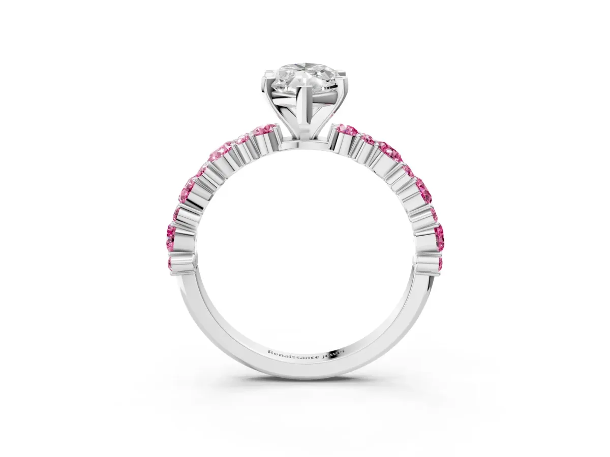 Marquise Cut Diamond Side Stone Solitaire Ring with Round Pink Sapphire and Four-Prong Setting Platinum