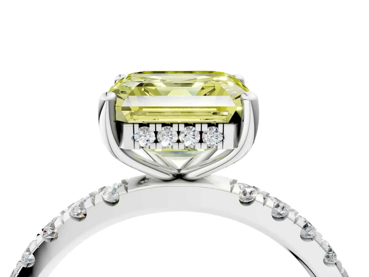 Fancy Yellow Asscher Cut Diamond Pave Band Solitaire Ring with Round and Prong Setting White gold
