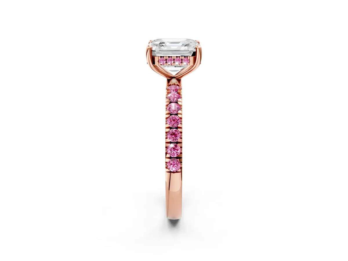 Asscher Cut Diamond Pave Band Solitaire Ring with Round Pink Sapphire and Prong Setting Rose gold