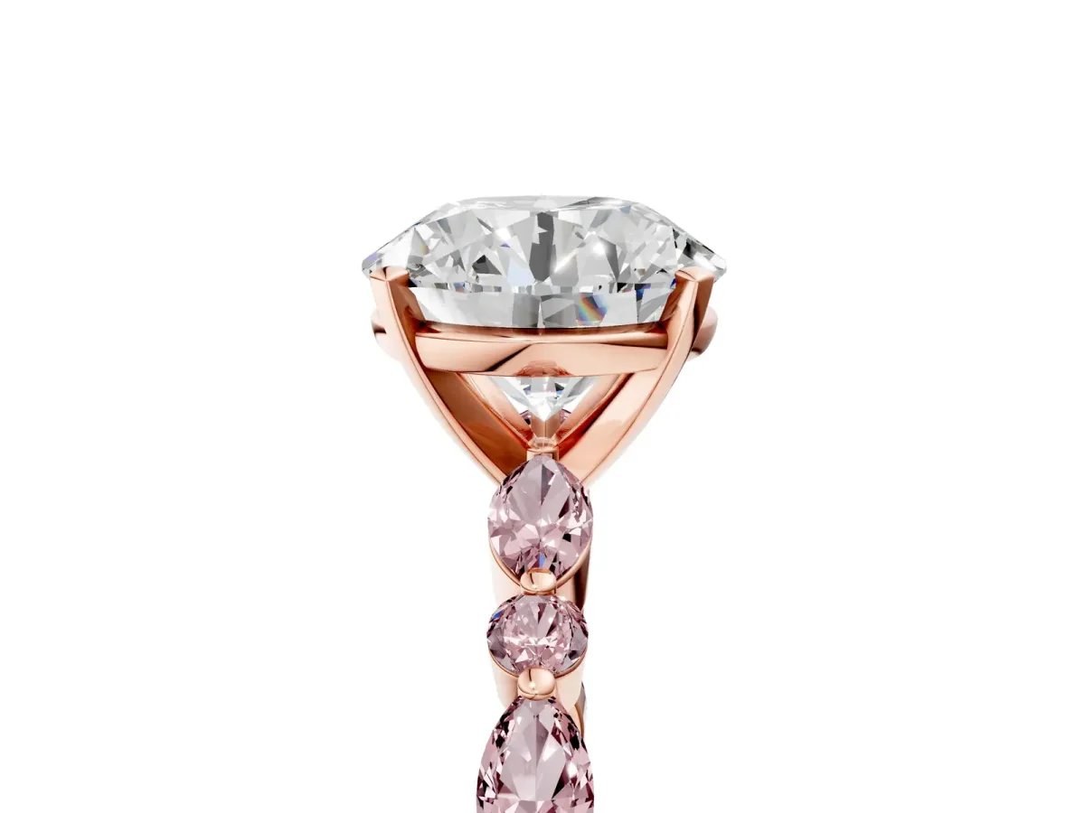 Round Cut Diamond Ring with Marquise and Round Morganite Side Stones and Four-Prong Setting Rose gold