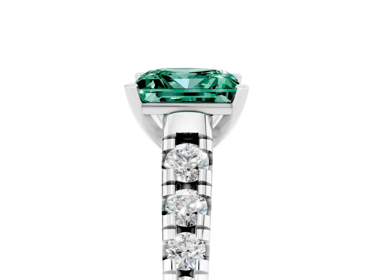 Princess Cut Green Sapphire Cathedral Solitaire Ring with Round Pavé Band Platinum
