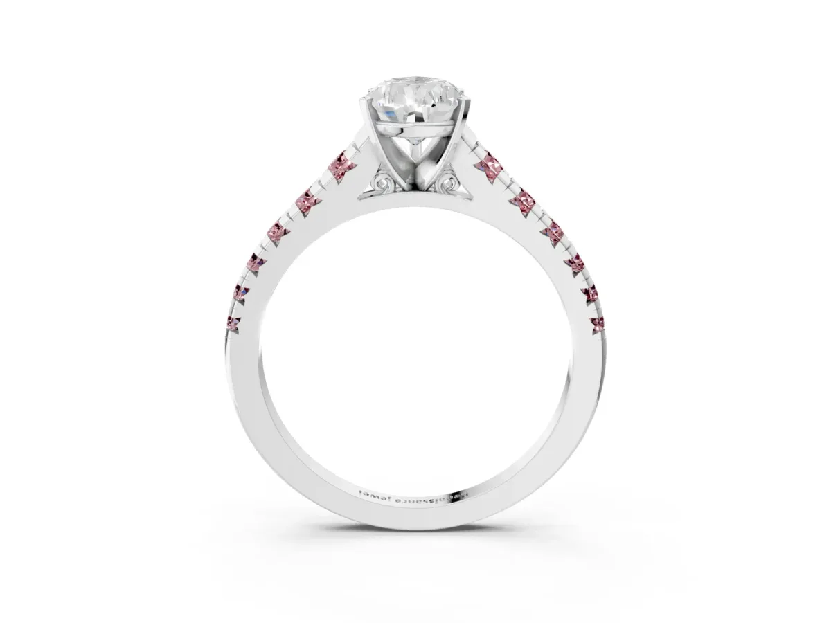 Pear Cut Diamond Cathedral Solitaire Ring with Round Morganite Pavé Band Silver