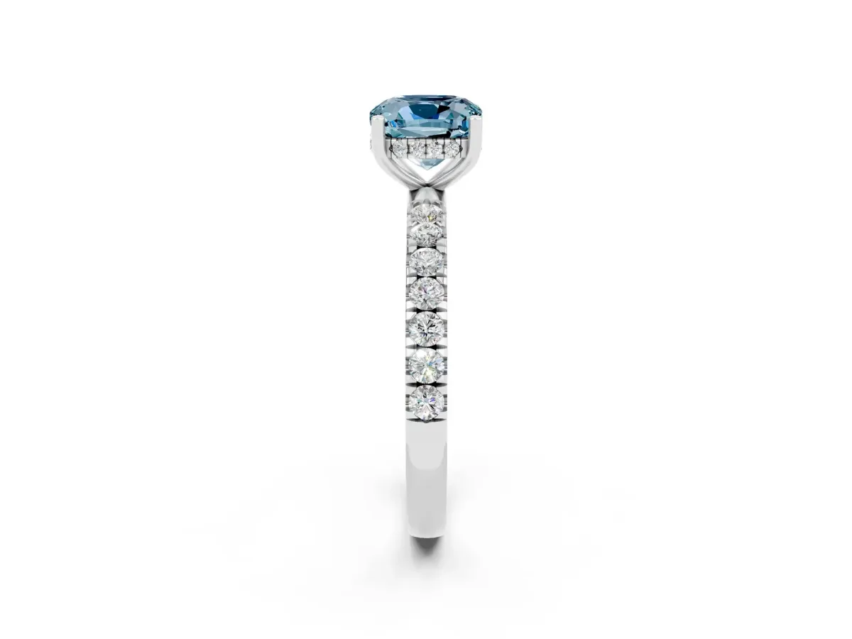Cushion Cut Aquamarine Pave Band Solitaire Ring with Round and Prong Setting Platinum