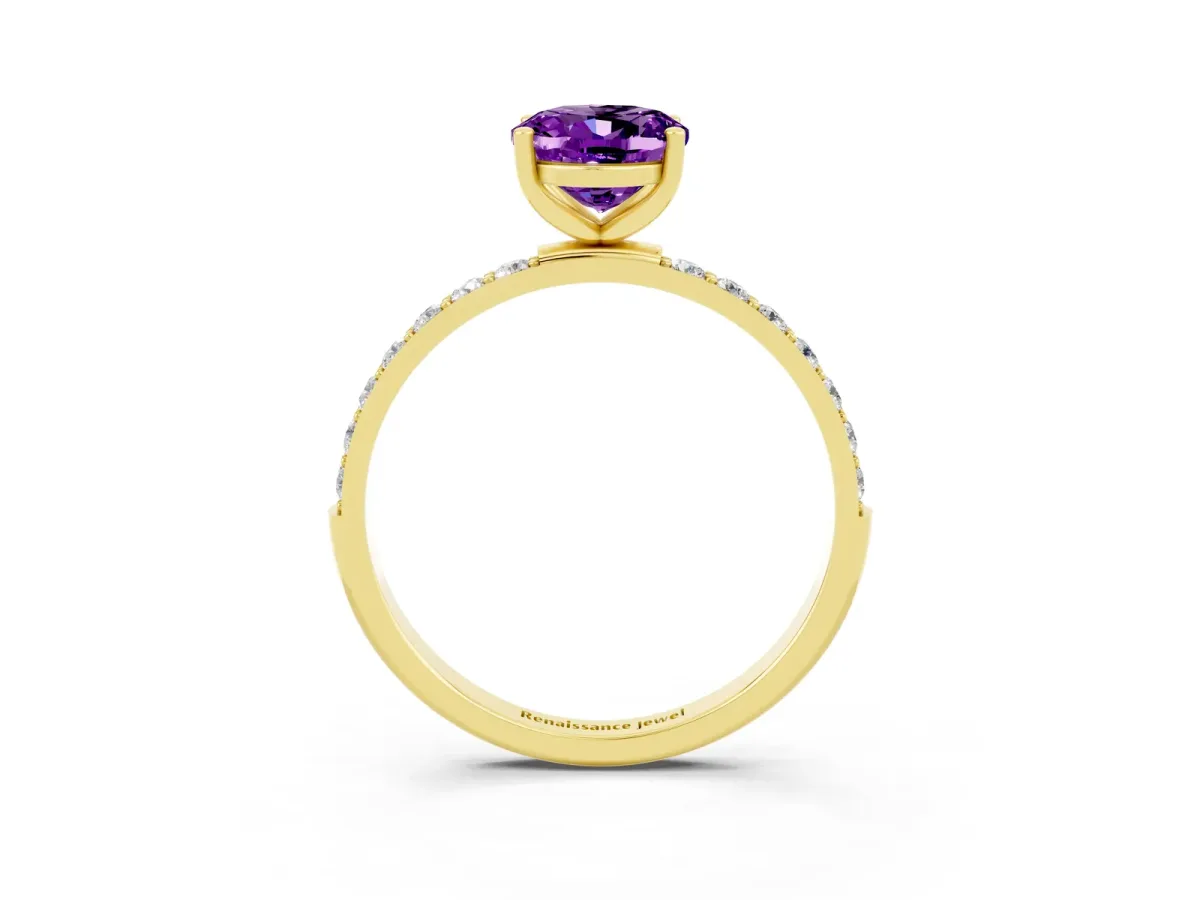 Oval Cut Amethyst Solitaire Ring with Round Pavé Band and Prong Setting Yellow gold