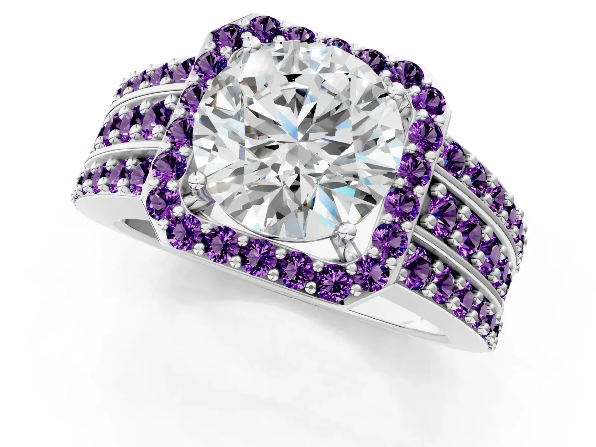 Round Cut Halo Diamond Ring with Round Amethyst Split Shank and Prong Setting Platinum