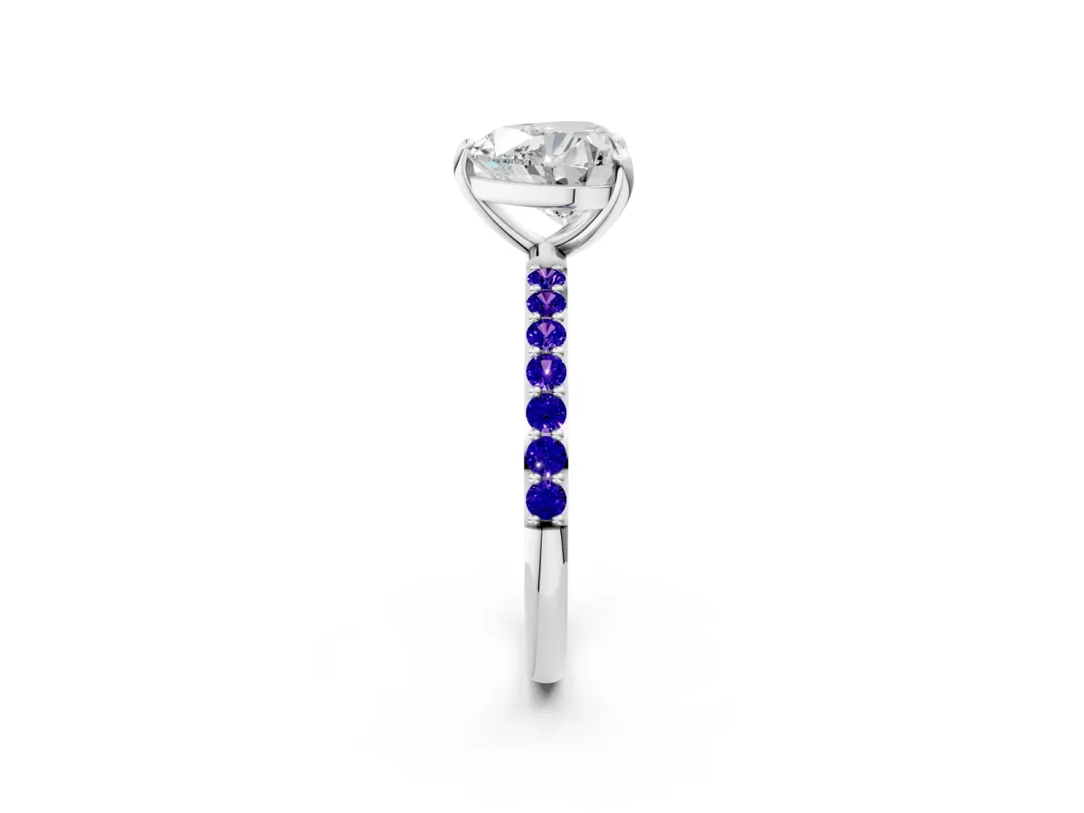 Heart Cut Diamond Solitaire Ring with Round Tanzanite Pavé Band and Prong Setting Platinum