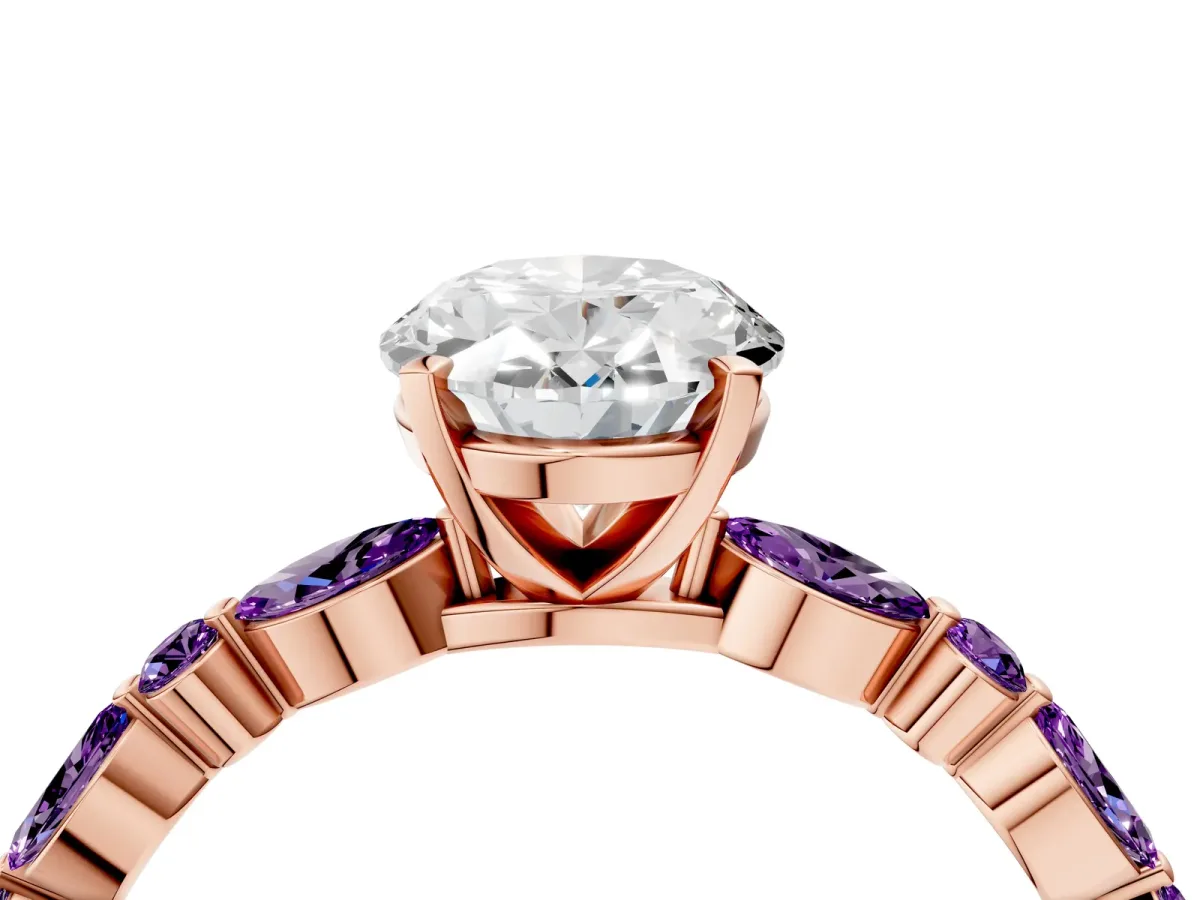 Oval Cut Diamond Ring with Marquise and Round Amethyst Side Stones and Four-Prong Setting Rose gold