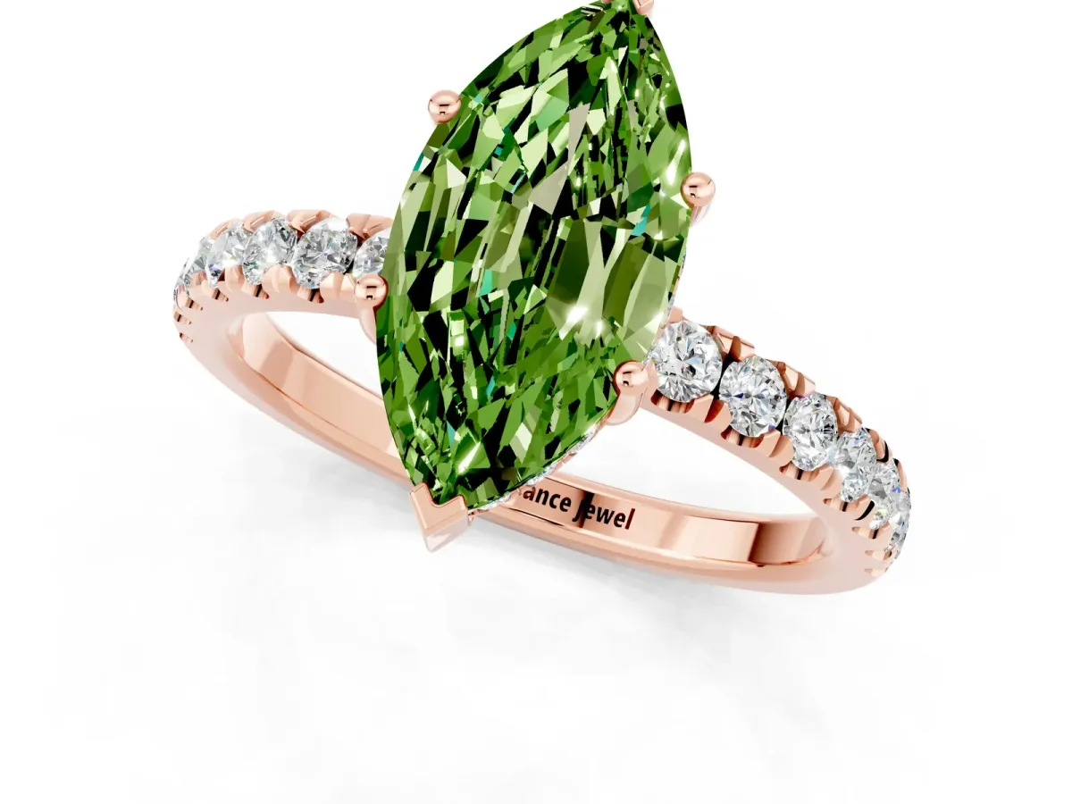 Marquise Cut Peridot Pave Band Solitaire Ring with Round and Prong Setting Rose gold