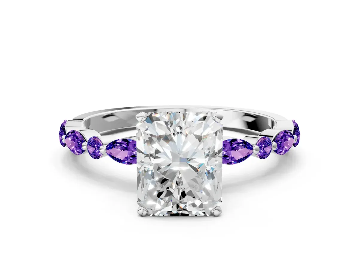 Radiant Cut Diamond Ring with Marquise and Round Tanzanite Side Stones and Four-Prong Setting Silver