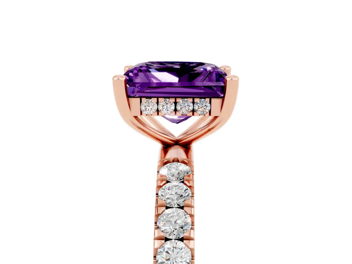 Princess Cut Amethyst Pave Band Solitaire Ring with Round and Prong Setting Rose gold