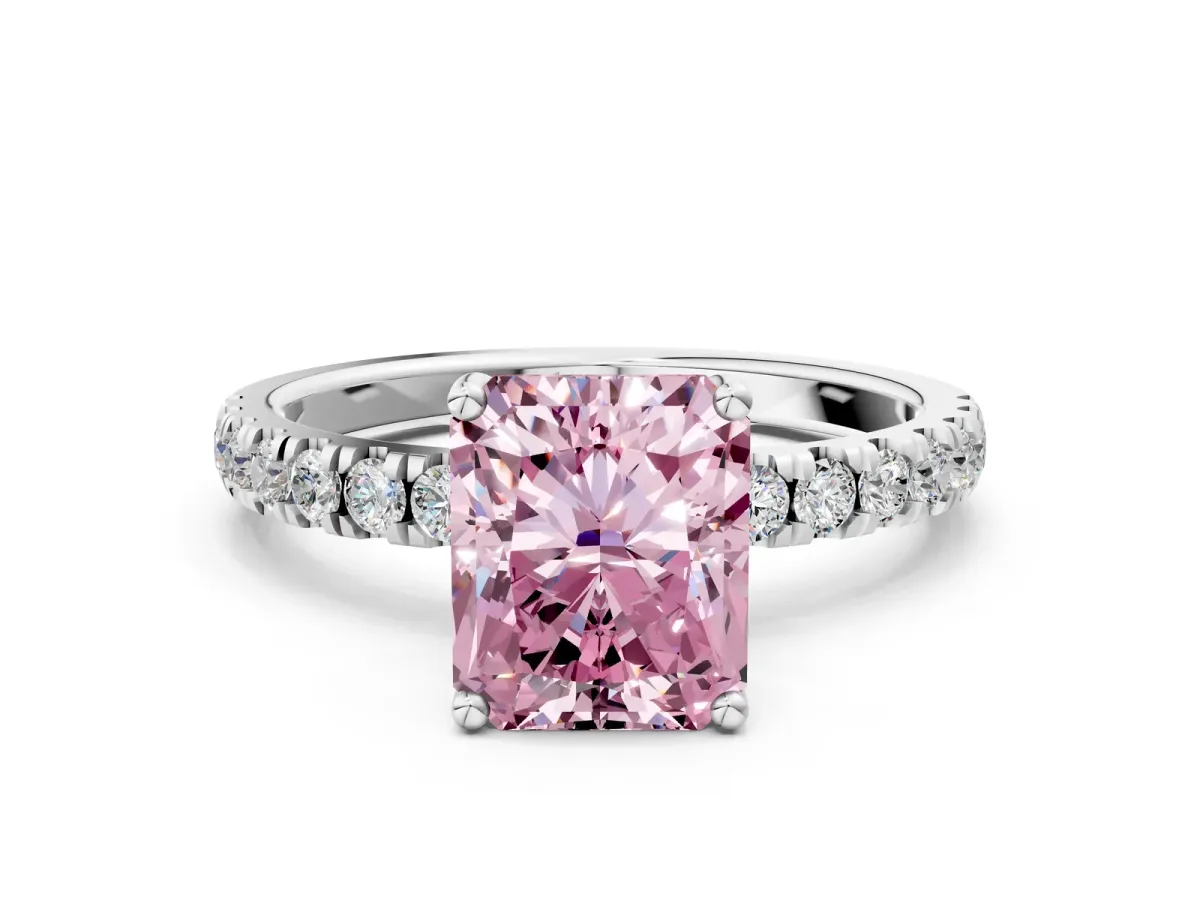 Fancy Pink Radiant Cut Diamond Pave Band Solitaire Ring with Round and Prong Setting Platinum