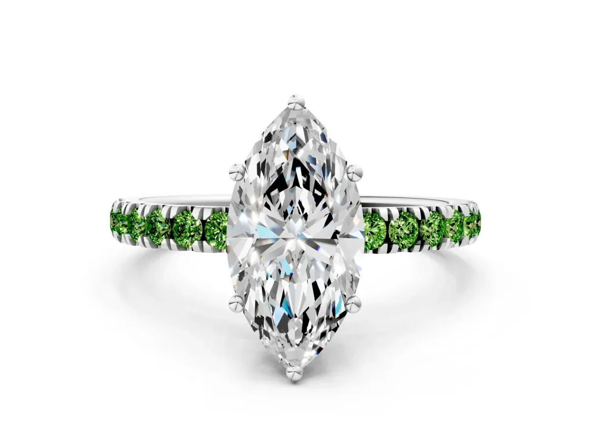 Marquise Cut Diamond Pave Band Solitaire Ring with Round Peridot and Prong Setting White gold