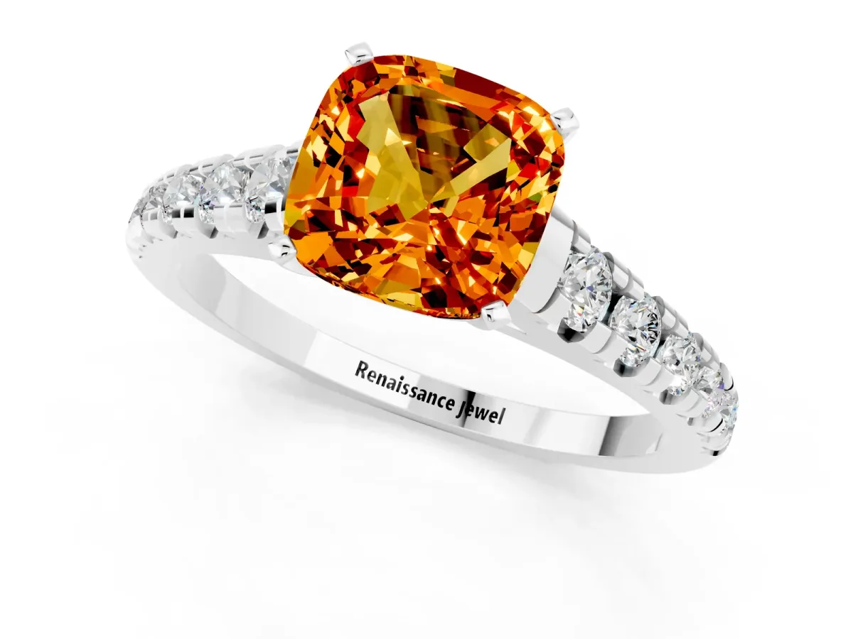 Cushion Cut Citrine Cathedral Solitaire Ring with Round Pavé Band Platinum