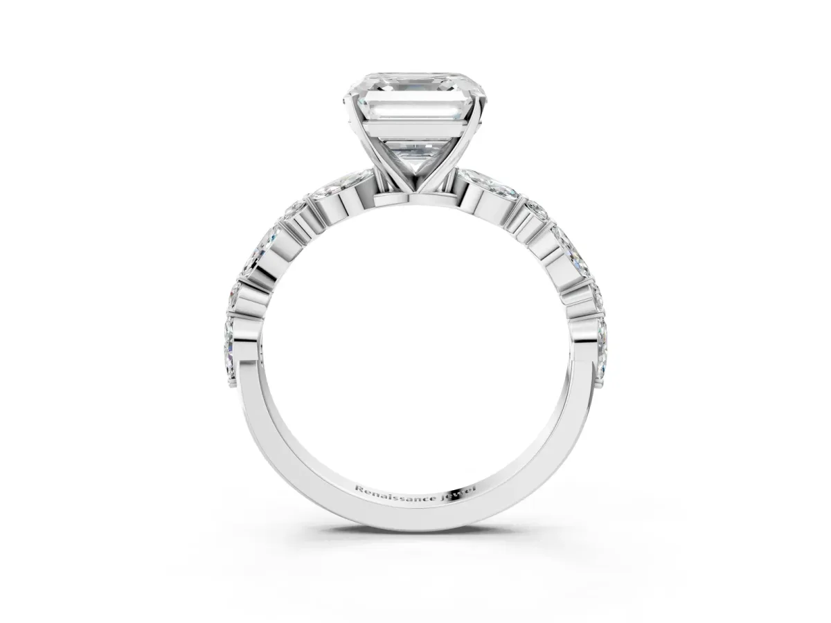 Asscher Cut Diamond Ring with Marquise and Round Moissanite Side Stones and Four-Prong Setting Silver